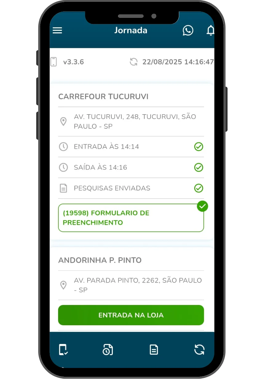 App PMR – tela de jornada com check-in e check-out no PDV