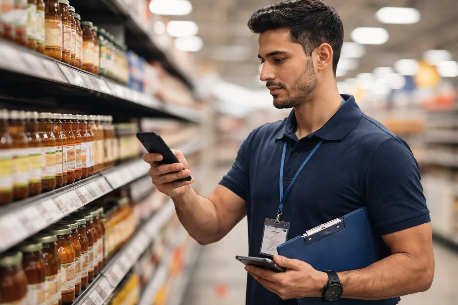 Promotor de trade marketing registrando visita no PDV com celular